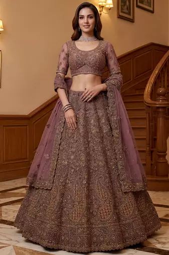 Luxurious Mauve Dori Work Net Reception Wear Lehenga With Blouse