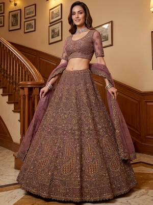 Luxurious Mauve Dori Work Net Reception Wear Lehenga With Blouse 2