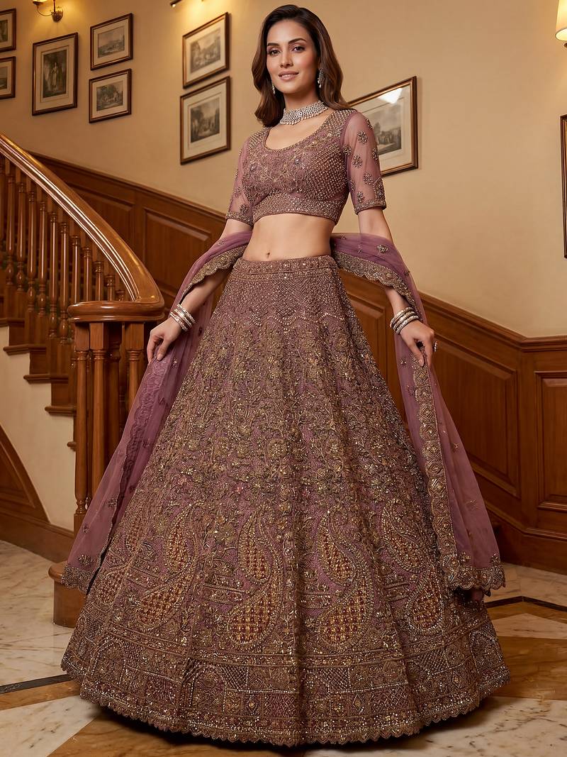 Luxurious Mauve Dori Work Net Reception Wear Lehenga With Blouse