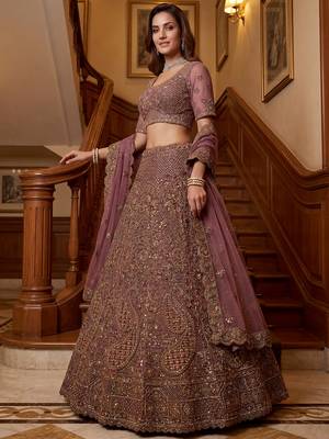 Luxurious Mauve Dori Work Net Reception Wear Lehenga With Blouse 3