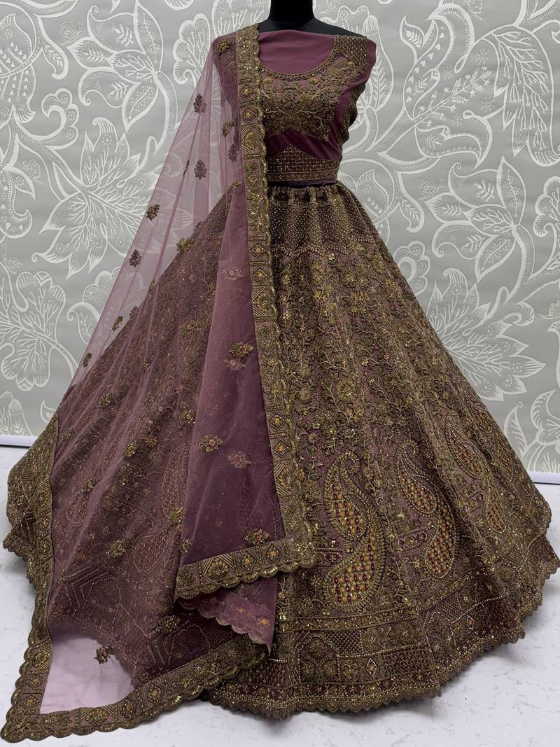 Luxurious Mauve Dori Work Net Reception Wear Lehenga With Blouse
