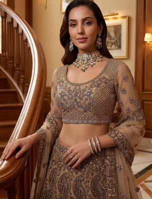 Grand Beige Zari Embroidery Net Sangeet Wear Lehenga Choli With Dupatta 6