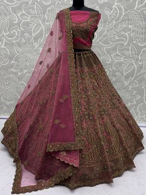 Royal Pink Multi Thread Work Net Engagement Wear Lehenga Choli With Dupatta 6