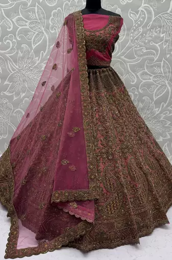 Royal Pink Multi Thread Work Net Engagement Wear Lehenga Choli With Dupatta