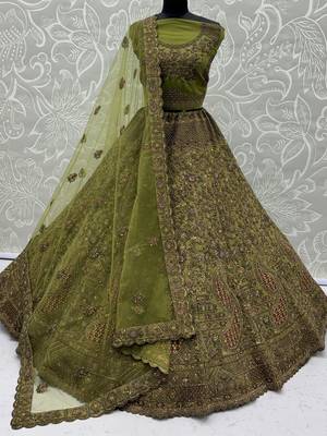 Excellent Olive Green Sequins Net Bridal Lehenga Choli With Dupatta 6