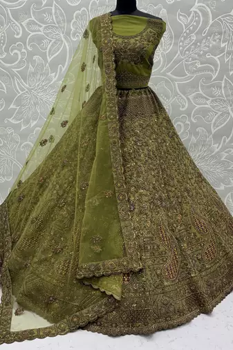 Excellent Olive Green Sequins Net Bridal Lehenga Choli With Dupatta