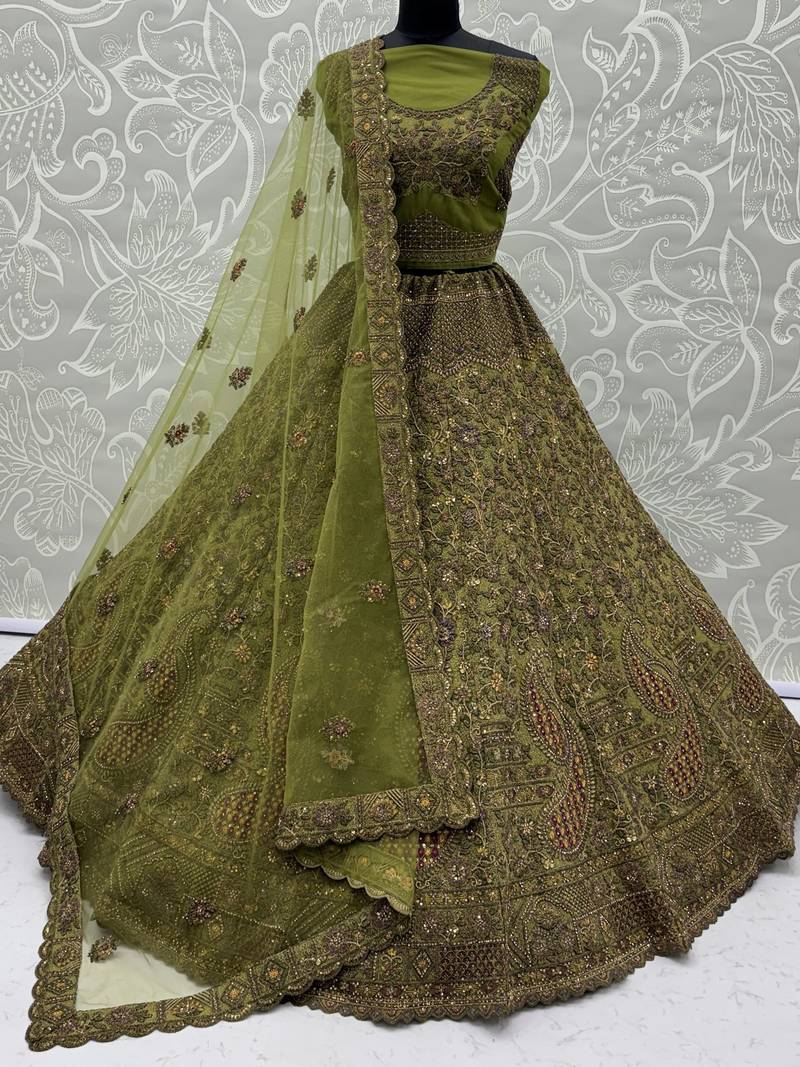 Excellent Olive Green Sequins Net Bridal Lehenga Choli With Dupatta