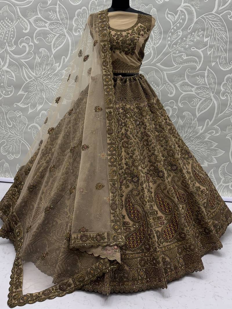 Grand Beige Zari Embroidery Net Sangeet Wear Lehenga Choli With Dupatta