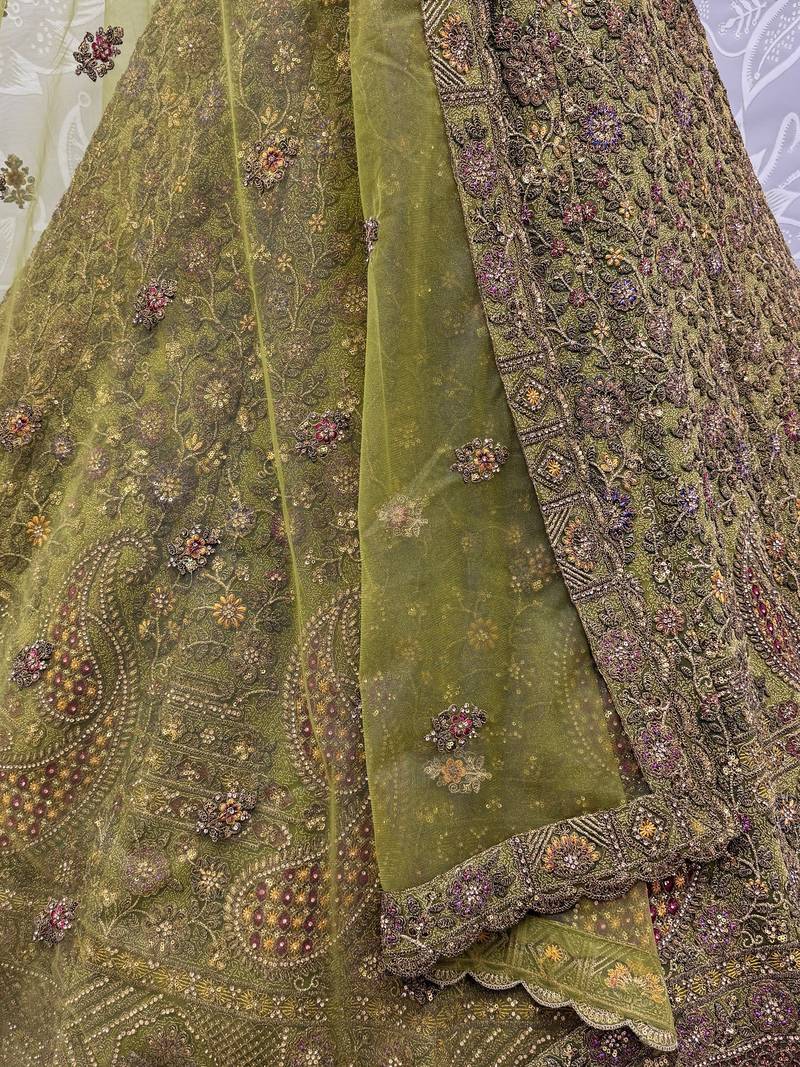 Excellent Olive Green Sequins Net Bridal Lehenga Choli With Dupatta