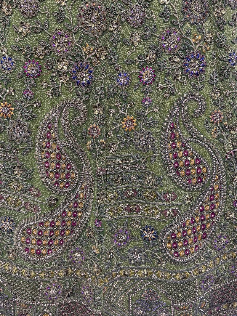 Excellent Olive Green Sequins Net Bridal Lehenga Choli With Dupatta