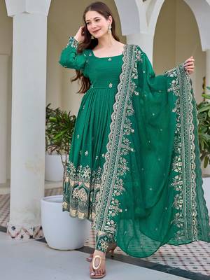 Gorgeous Green Sequins Silk Mehendi Wear Anarkali Pant Suit 1