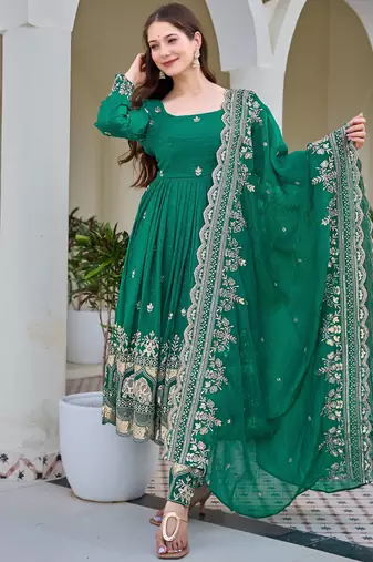 Gorgeous Green Sequins Silk Mehendi Wear Anarkali Pant Suit