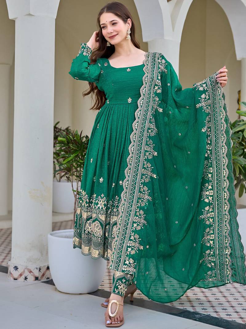 Gorgeous Green Sequins Silk Mehendi Wear Anarkali Pant Suit