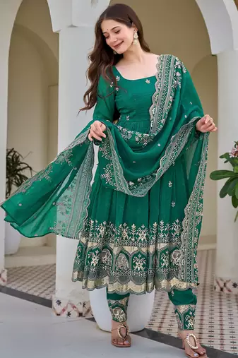Gorgeous Green Sequins Silk Mehendi Wear Anarkali Pant Suit