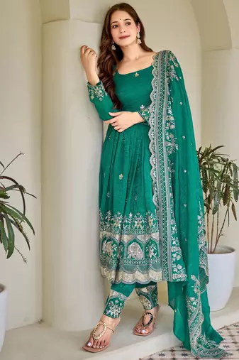 Gorgeous Green Sequins Silk Mehendi Wear Anarkali Pant Suit