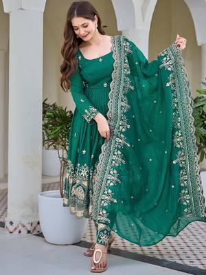 Gorgeous Green Sequins Silk Mehendi Wear Anarkali Pant Suit 4