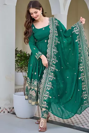 Gorgeous Green Sequins Silk Mehendi Wear Anarkali Pant Suit