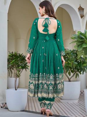 Gorgeous Green Sequins Silk Mehendi Wear Anarkali Pant Suit 5