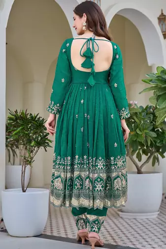 Gorgeous Green Sequins Silk Mehendi Wear Anarkali Pant Suit