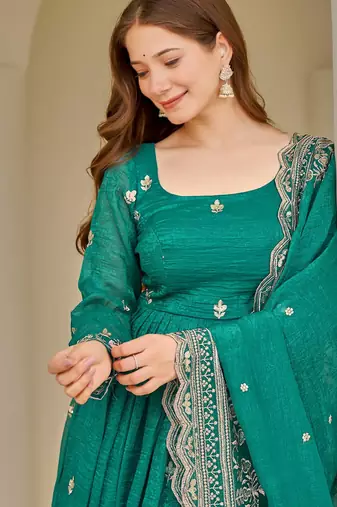 Gorgeous Green Sequins Silk Mehendi Wear Anarkali Pant Suit