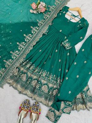 Gorgeous Green Sequins Silk Mehendi Wear Anarkali Pant Suit 7