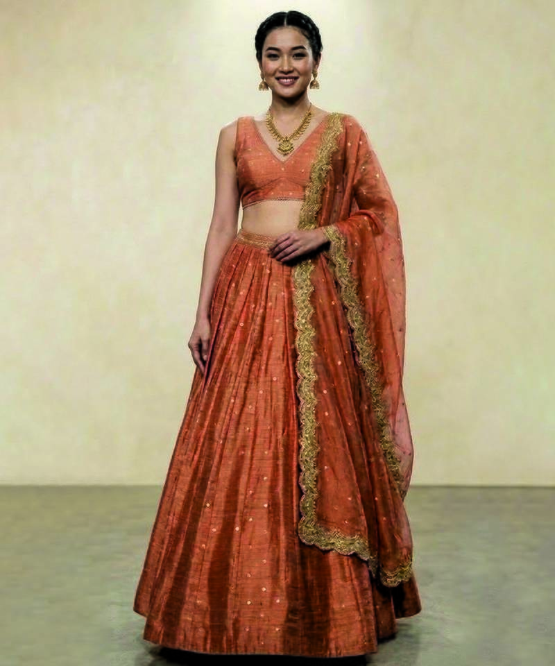 Orange Embroidered Raw Silk Lehenga Set