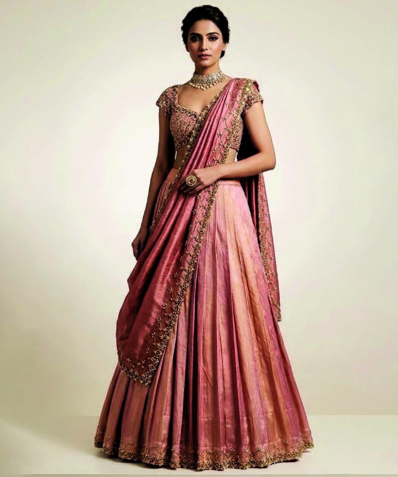 Peach Embroidered Tissue Lehenga Set