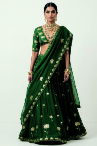 Green Embroidered Silk Lehenga Set