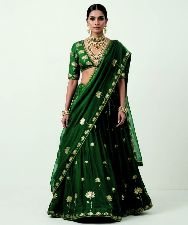 Green Embroidered Silk Lehenga Set
