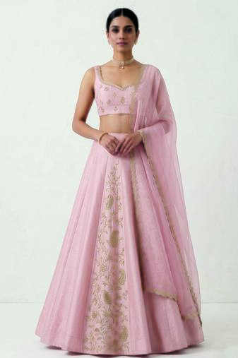 Baby Pink Embroidered Raw Silk Lehenga Set