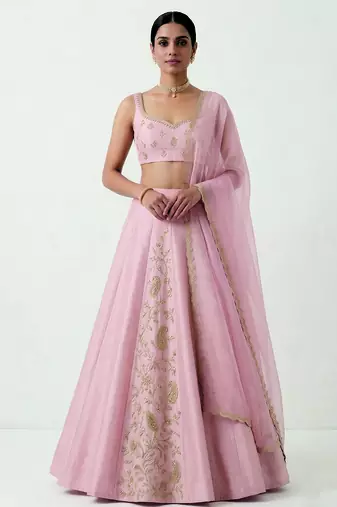 Baby Pink Embroidered Raw Silk Lehenga Set