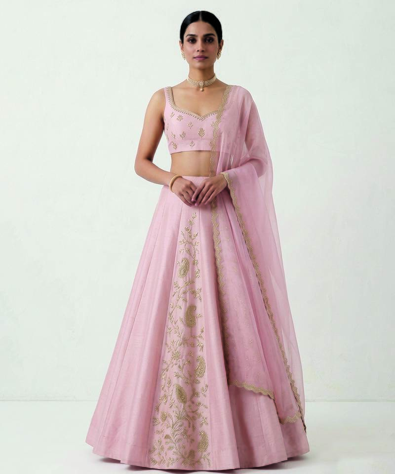 Baby Pink Embroidered Raw Silk Lehenga Set