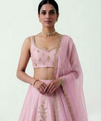 Baby Pink Embroidered Raw Silk Lehenga Set 2