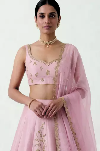 Baby Pink Embroidered Raw Silk Lehenga Set