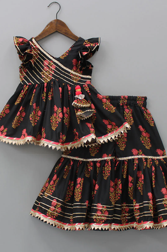 Black floral printed work cotton fabric ruffle sleeve ethnic set style girls top & skirt set