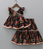 Black floral printed work cotton fabric ruffle sleeve ethnic set style girls top & skirt set