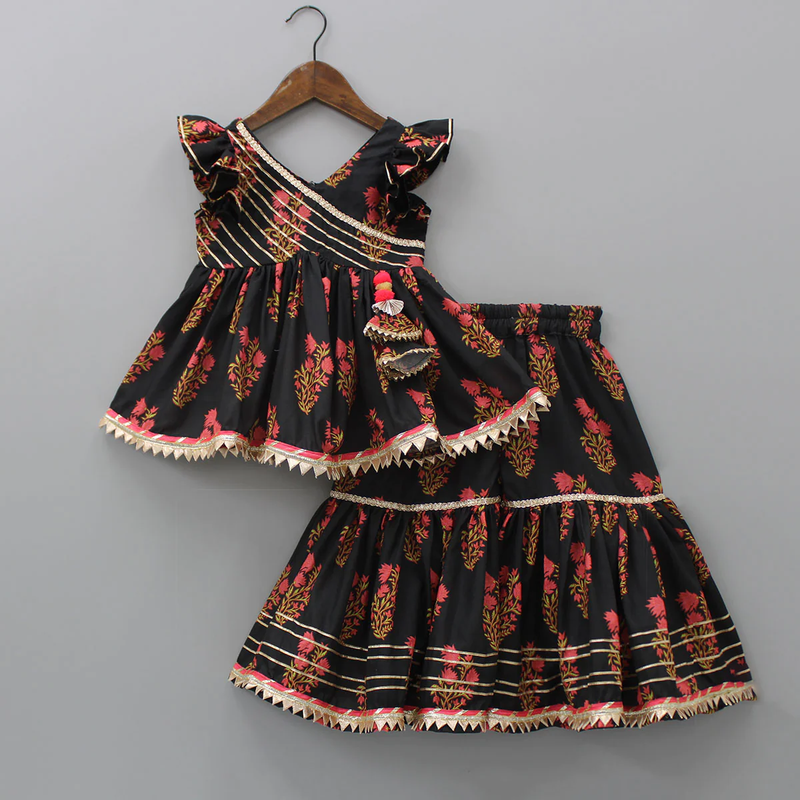 Black floral printed work cotton fabric ruffle sleeve ethnic set style girls top & skirt set