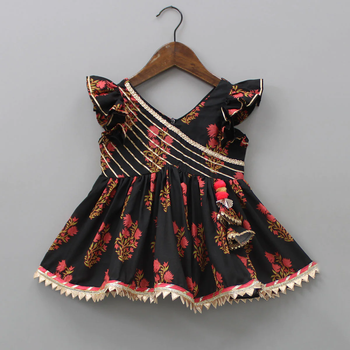Black floral printed work cotton fabric ruffle sleeve ethnic set style girls top & skirt set 2