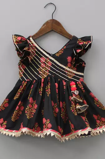 Black floral printed work cotton fabric ruffle sleeve ethnic set style girls top & skirt set