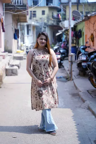 Beige Kalamkari Halterneck Kurti with Hand Embroidery Detailing