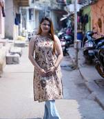 Beige Kalamkari Halterneck Kurti with Hand Embroidery Detailing
