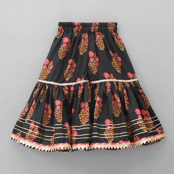 Black floral printed work cotton fabric ruffle sleeve ethnic set style girls top & skirt set 3