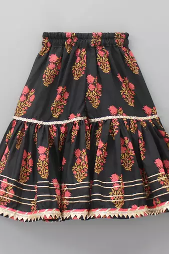 Black floral printed work cotton fabric ruffle sleeve ethnic set style girls top & skirt set