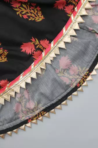 Black floral printed work cotton fabric ruffle sleeve ethnic set style girls top & skirt set