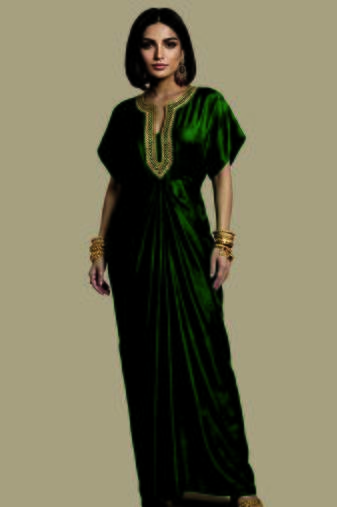 Green embroidered raw silk kaftan