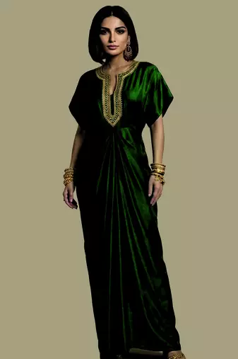 Green embroidered raw silk kaftan