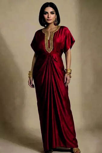 Ruby red embroidered raw silk kaftan