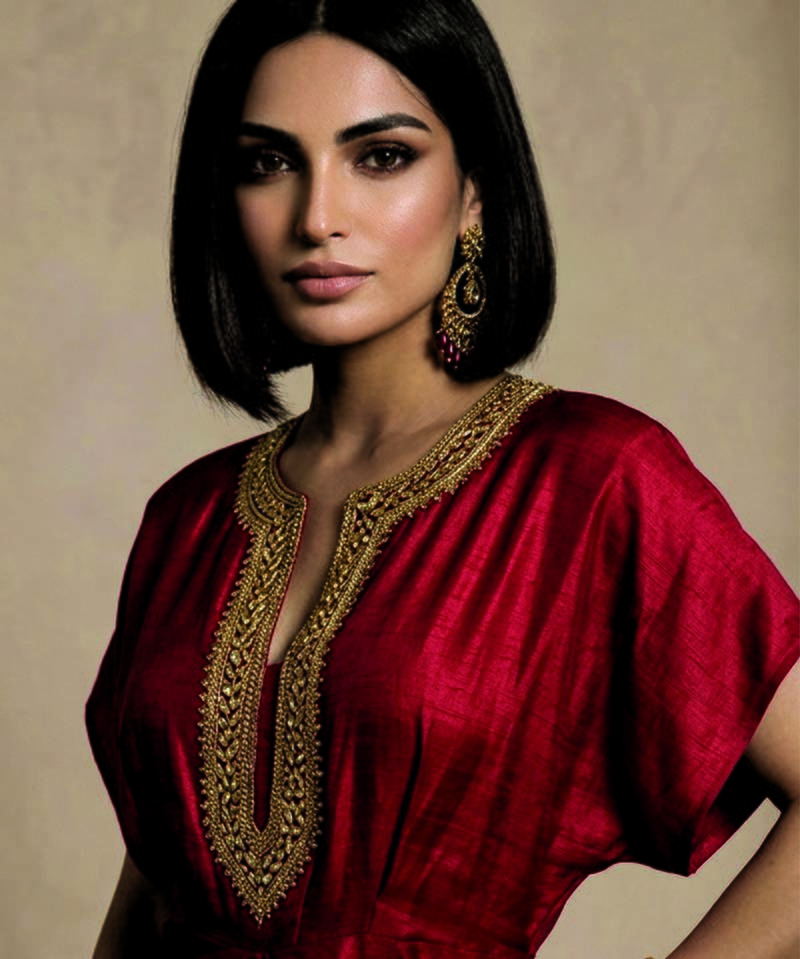 Ruby red embroidered raw silk kaftan