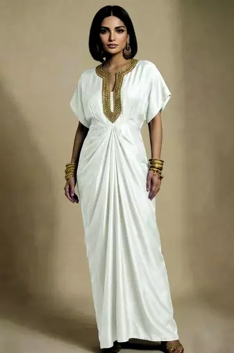 Ivory embroidered raw silk kaftan