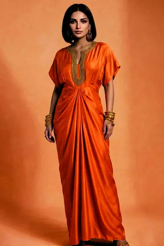 Orange embroidered raw silk kaftan